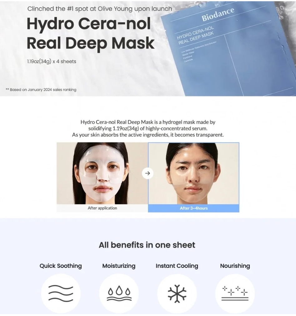 Biodance – Hydro Cera-nol Real Deep Mask – Moisturizing Collagen Face Mask – 1pc / 34g, Korean Skincare